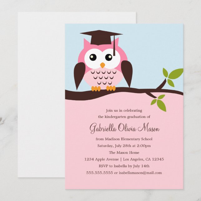 Cute Pink Owl Graduation Party Invitation (Front/Back)