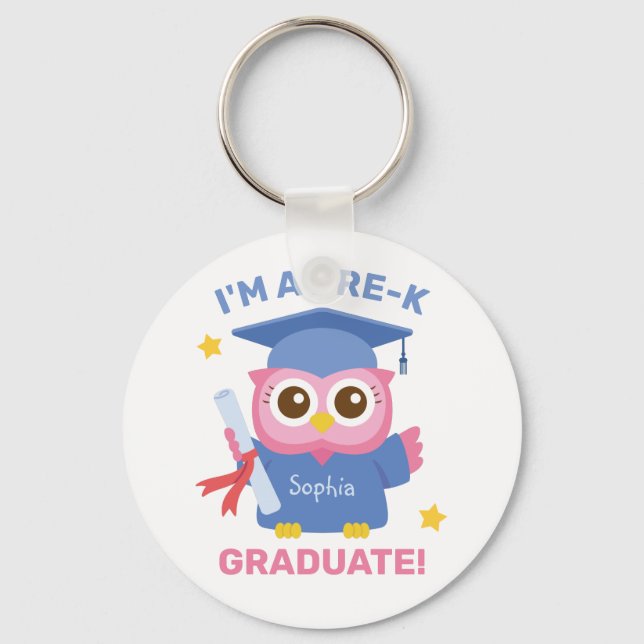 Cute Pink Owl, I am a Pre-K Graduate, Personalized Keychain (Front)