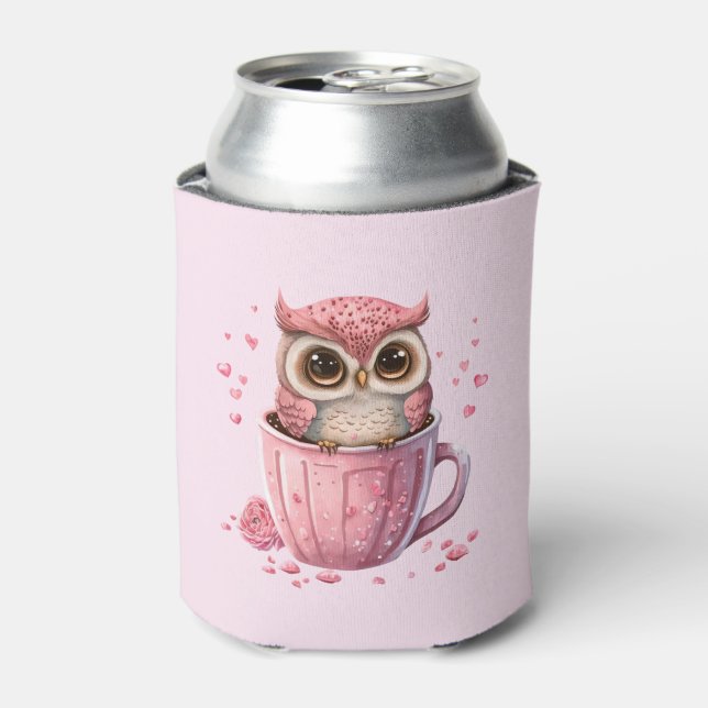 Cute Pink Owl in a Cup Can Cooler (Can Front)