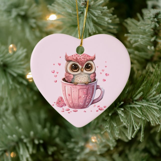 Cute Pink Owl in a Cup Ceramic Ornament (Tree)