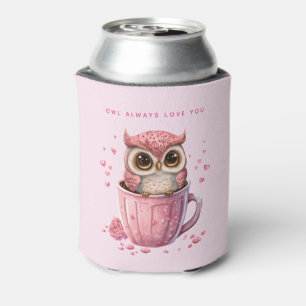 Cute Pink Owl in a Cup Cute Pun Can Cooler