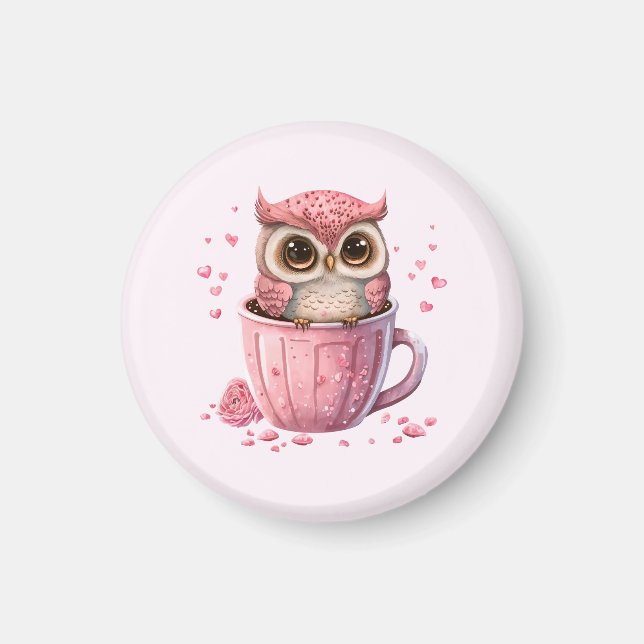Cute Pink Owl in a Cup Magnet (Front)