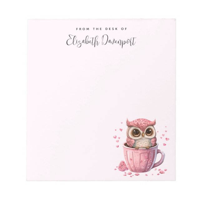 Cute Pink Owl in a Cup Notepad (Front)