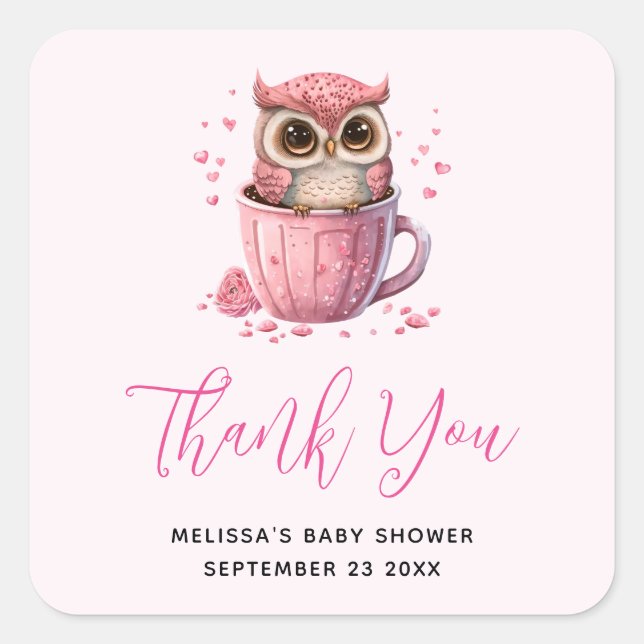 Cute Pink Owl in a Cup Party Thank You Square Sticker (Front)