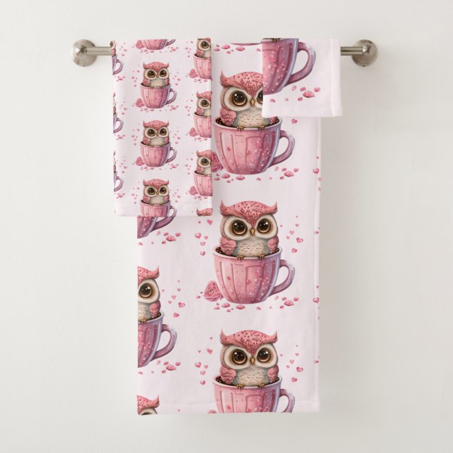 Cute Pink Owl in a Cup Patterned Bath Towel Set (Insitu)