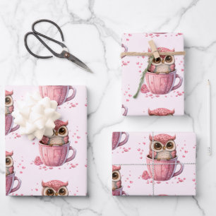 Cute Pink Owl in a Cup Patterned Wrapping Paper Sheet