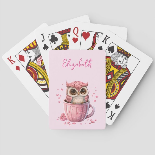 Cute Pink Owl in a Cup Playing Cards (Back)