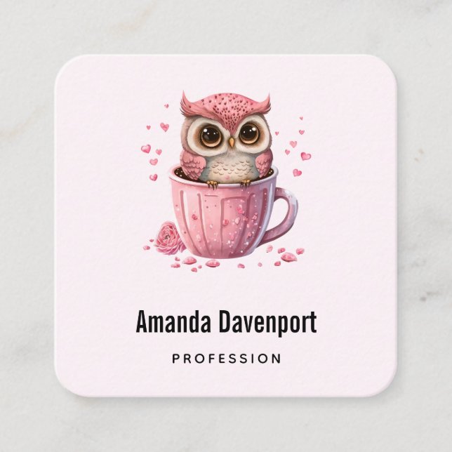 Cute Pink Owl in a Cup Square Business Card (Front)