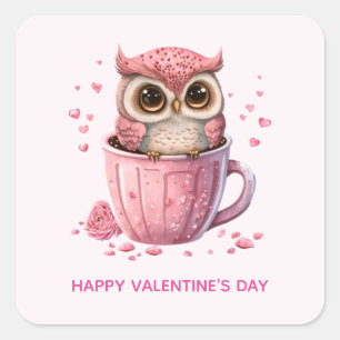 Cute Pink Owl in a Cup Valentine's Day Square Sticker