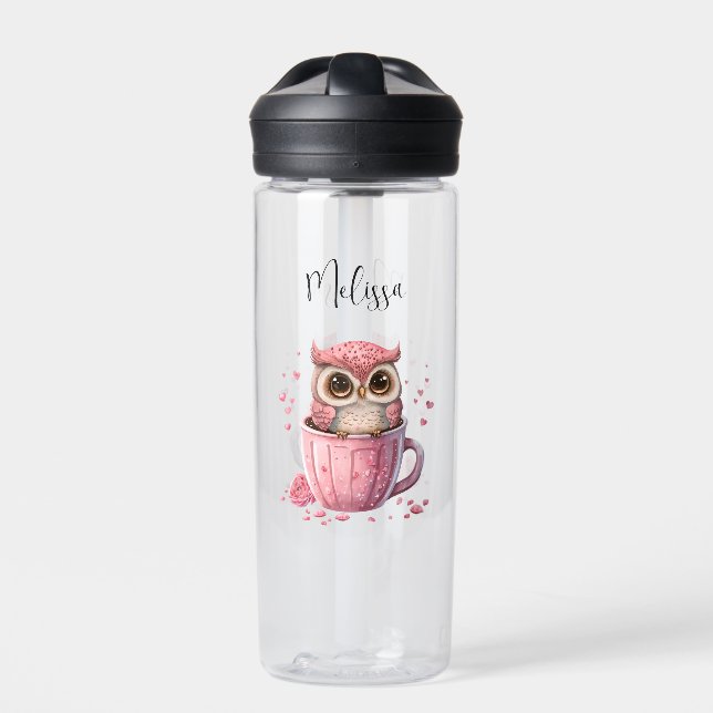 Cute Pink Owl in a Cup Water Bottle (Front)