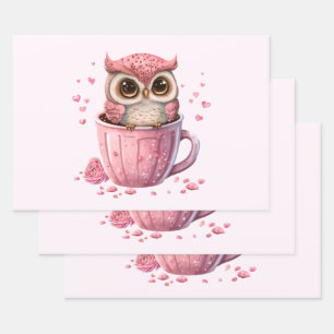 Cute Pink Owl in a Cup Wrapping Paper Sheet