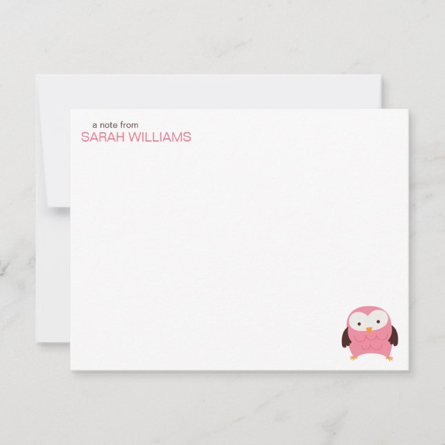 Cute Pink Owl Kids Thank You Notes Invitation (Front)