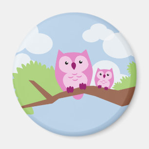 Cute Pink Owl Mom and Baby Magnet