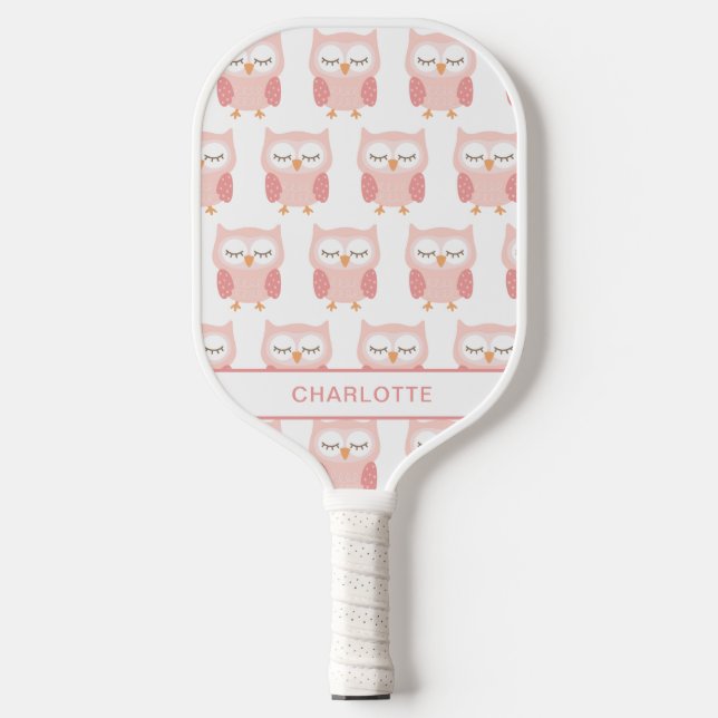 Cute Pink Owl, monogram  Pickleball Paddle (Front)