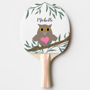 Cute Pink Owl Name  Ping Pong Paddle