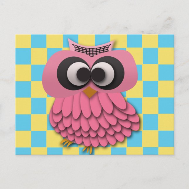 Cute Pink Owl on Blue and Yellow Chequered Postcard (Front)