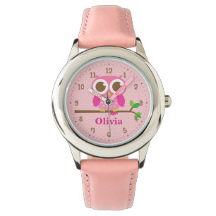 Cute Pink Owl On Branch Girls Personalized Watch