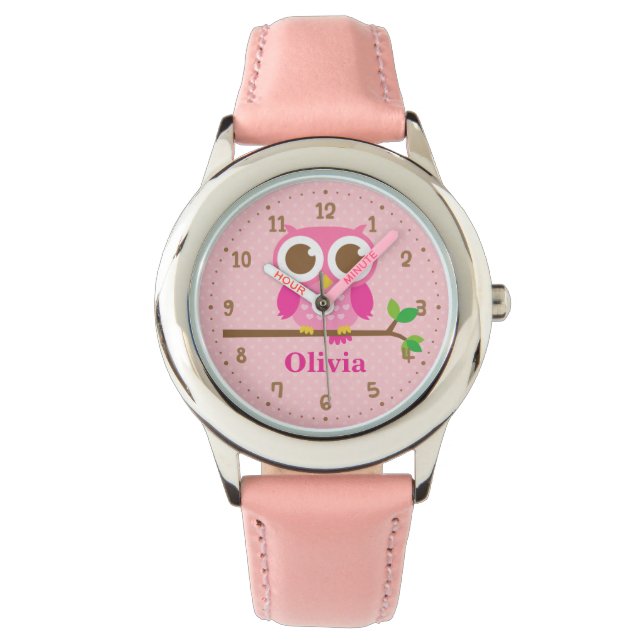 Cute Pink Owl On Branch Girls Personalized Watch (Front)