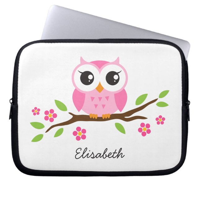 Cute pink owl on floral branch personalized name laptop sleeve (Front)