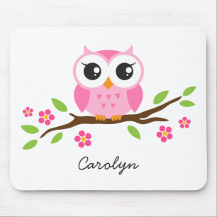 Cute pink owl on floral branch personalized name mouse pad