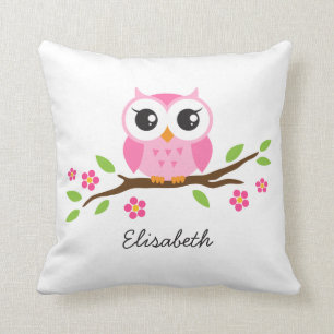 Cute pink owl on floral branch personalized name throw pillow