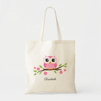Cute pink owl on floral branch personalized name tote bag