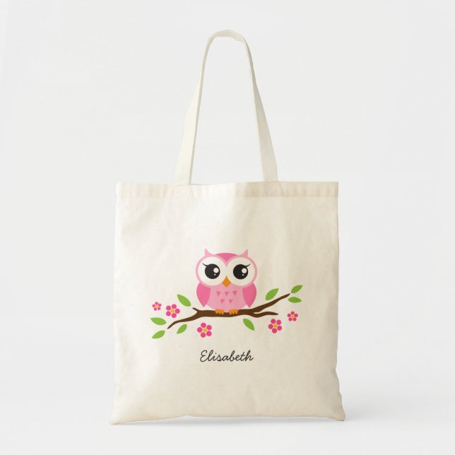 Cute pink owl on floral branch personalized name tote bag (Front)