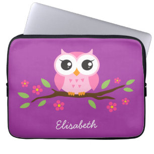 Cute pink owl on floral branch purple custom name laptop sleeve