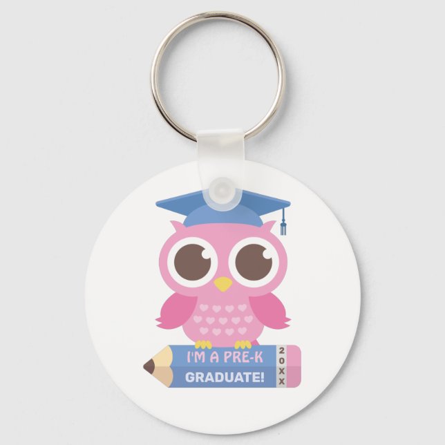 Cute Pink Owl On Pencil, Preschool Graduate Keychain (Front)