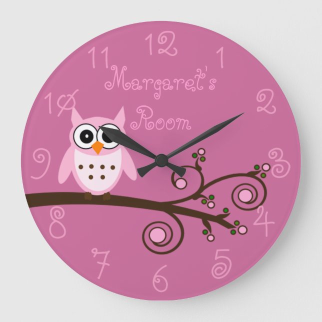 Cute Pink Owl Personalized Girl's Room Large Clock (Front)