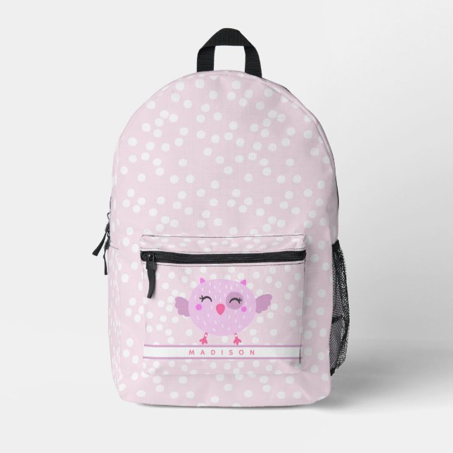 Cute Pink Owl -  Pink & White Polkadots Kids Printed Backpack (Front)