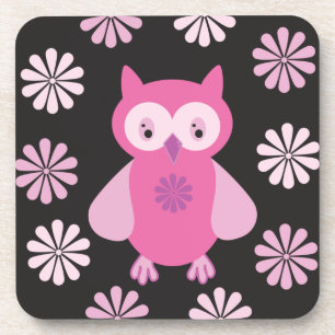 Cute pink owl square paper coaster