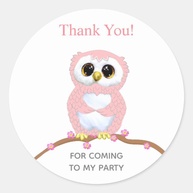 Cute pink owl thank you classic round sticker (Front)