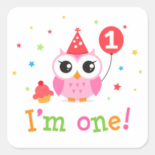 Cute, pink owl with balloon and cupcake I am one Square Sticker