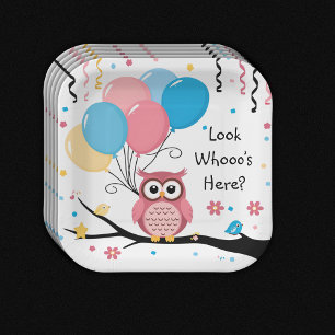 Cute Pink Owl with Balloons & Confetti Baby Shower Paper Plate