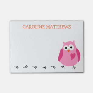 Cute pink owl with heart girls personalized name post-it notes