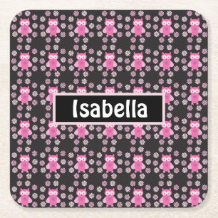 Cute Pink Owls And Flowers Square Paper Coaster
