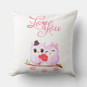 Cute Pink Owls Couple Valentine Heart Throw Pillow