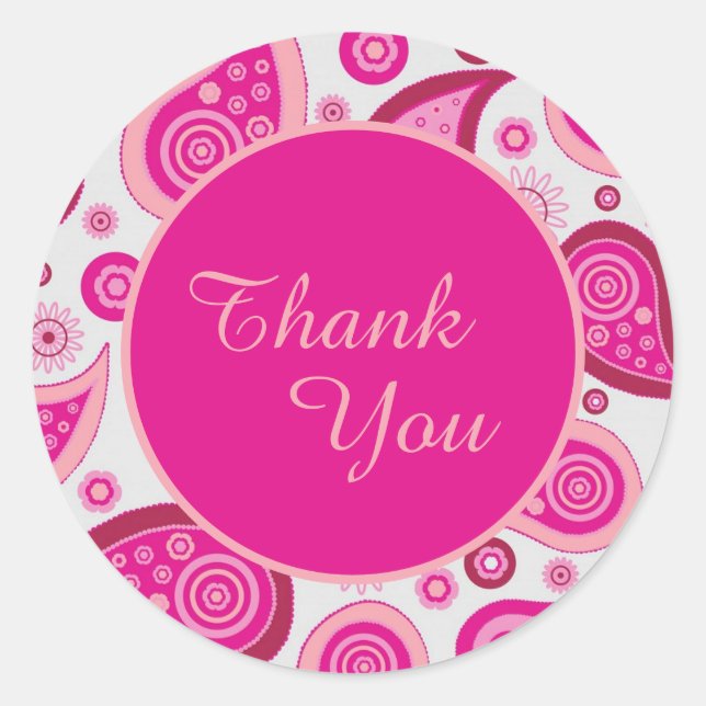 Cute Pink Paisley Thank You Classic Round Sticker (Front)