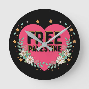 cute pink Palestine heart graphic design Round Clock
