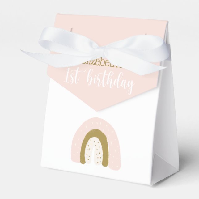 Cute Pink Pastel Boho Rainbow First Birthday Favor Box (Front Side)