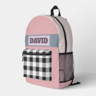 Cute Pink Pastel Buffalo Plaid Stitched Patch Mono Printed Backpack