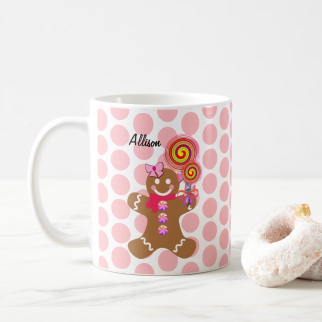 Cute Pink Pastel Gingerbread Girl Personalized Coffee Mug (With Donut)