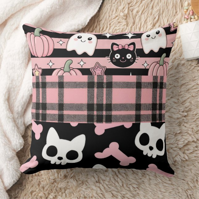 Cute Pink Pastel Goth Halloween  Throw Pillow (Blanket)