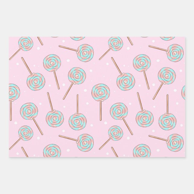 Cute Pink Pastel Lollipop Seamless Pattern Wrapping Paper Sheet (Front)