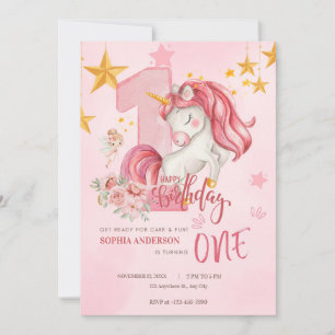 Cute Pink Pastel Unicorn 1st Birthday Invitation
