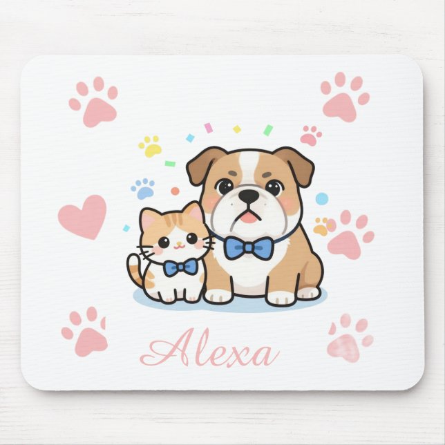 Cute Pink Paw Cat Dog Personalized Name  Mouse Pad (Front)