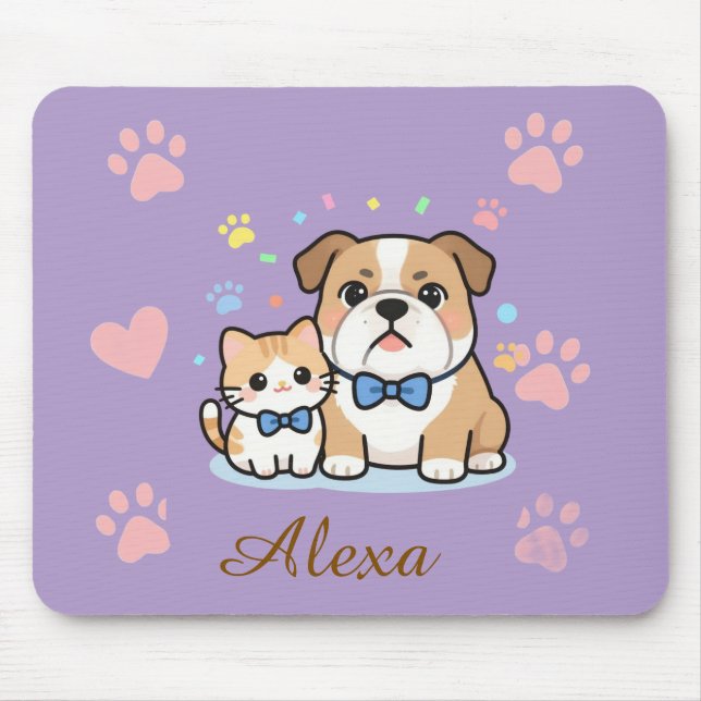Cute Pink Paw Cat Dog Personalized Name  Mouse Pad (Front)
