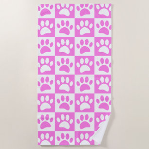 Cute Pink Paw Print And Chequerboard Pattern  Beach Towel