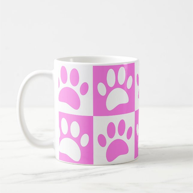 Cute Pink Paw Print And Chequerboard Pattern Coffee Mug (Left)